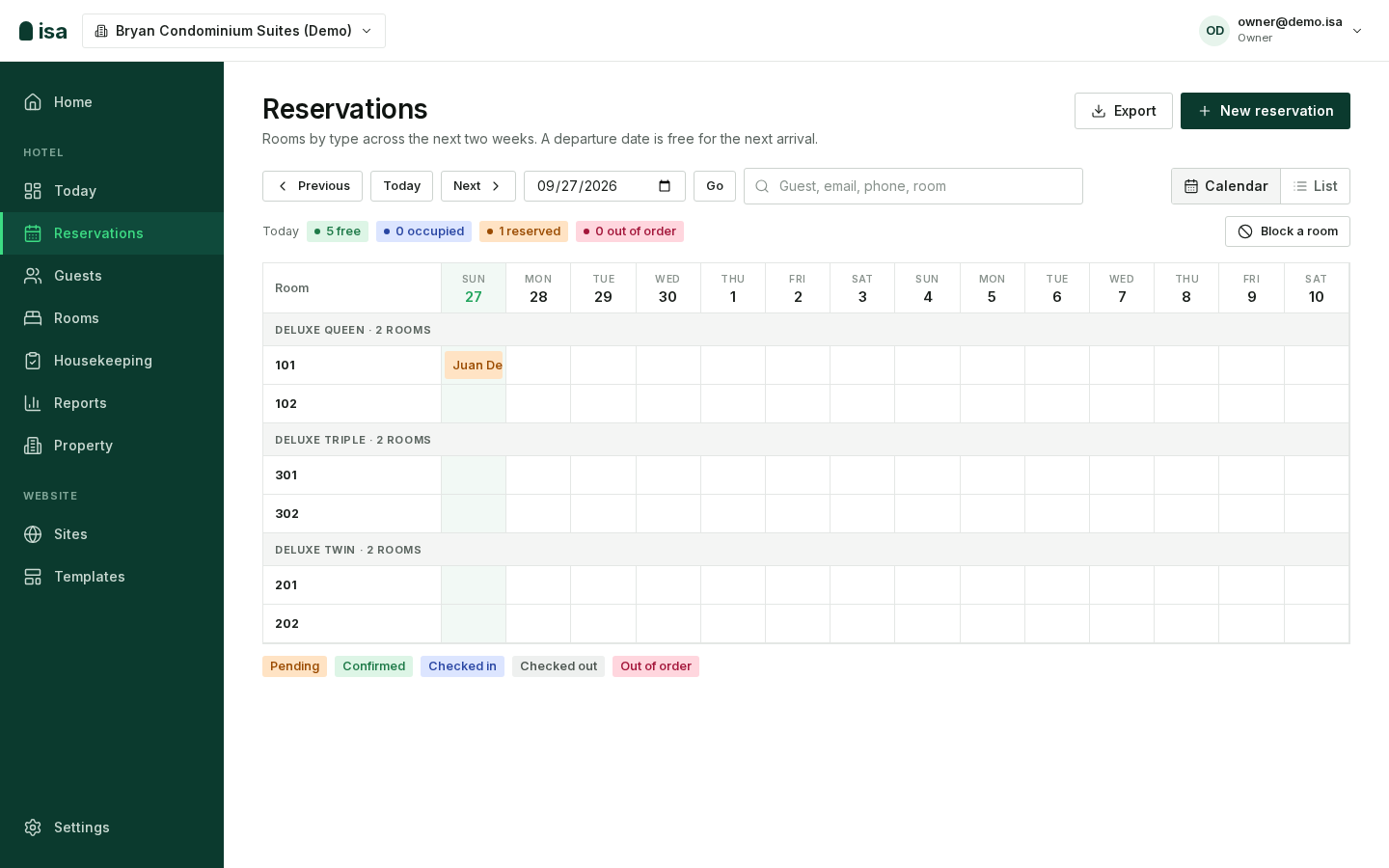 isa Hotel calendar with room reservations